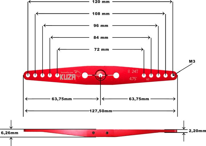 Actual product image Kuza servo arm 2-arm hitec 24t 120/108/96/84 72mm 4.75" m3 heavy duty v2 aluminium