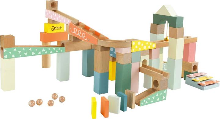 Actual product image Classic World Wooden marble run building set, 62 pieces.