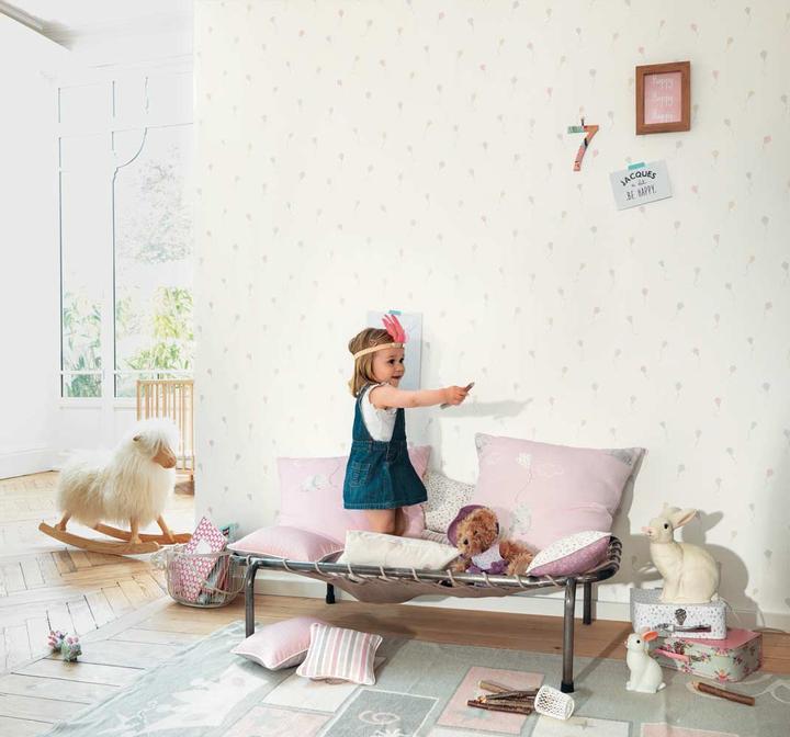 Actual product image Casadeco My Little World fabric scattered flowers grey purple lime