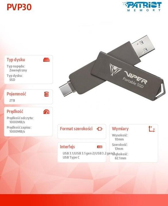 Produktbild Patriot Dysk SSD PVP30 2TB 1000MB/s USB Duo A+C 3.2 Gen2 Alu (2 TB)