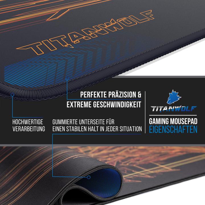 Produktbild Titanwolf Gaming Mauspad XXL, glatter Stoff, Speed Mauspad 900 x 400mm große Oberfläche, Wolfsmotiv orange (Wide)