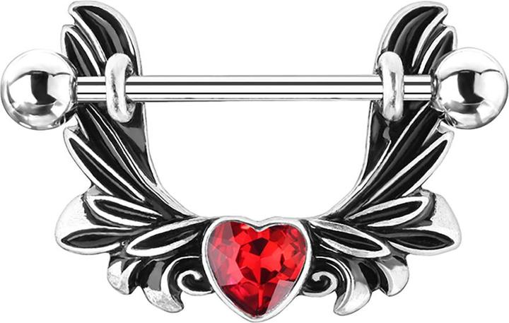 Image du produit Star Piercing Barbell silber Engelsflügel Herzkristall rot (Laiton, Acier chirurgical 316L)