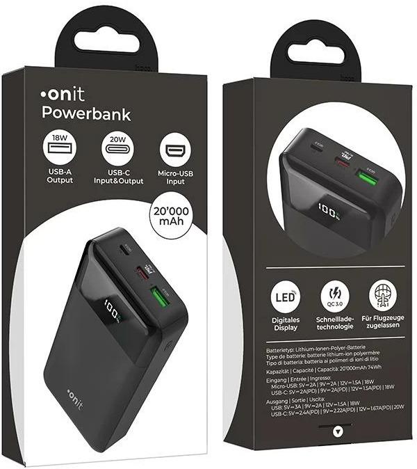 Actual product image Onit Powerbank 20000 mAh PD (20000 mAh, 20 W, 74 Wh)