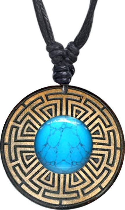 Star Piercing Halskette schwarz Anhänger rund Labyrinth mit Türkis Stein aus Narra Holz (Organisch, ohne Messing, Mineralisch)