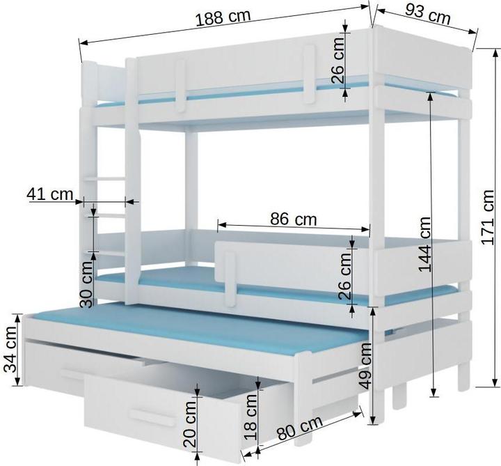 Actual product image ADRK Furniture Triple Bunk Bed with Mattresses ETAPO 180x80 (180 x 80 cm)
