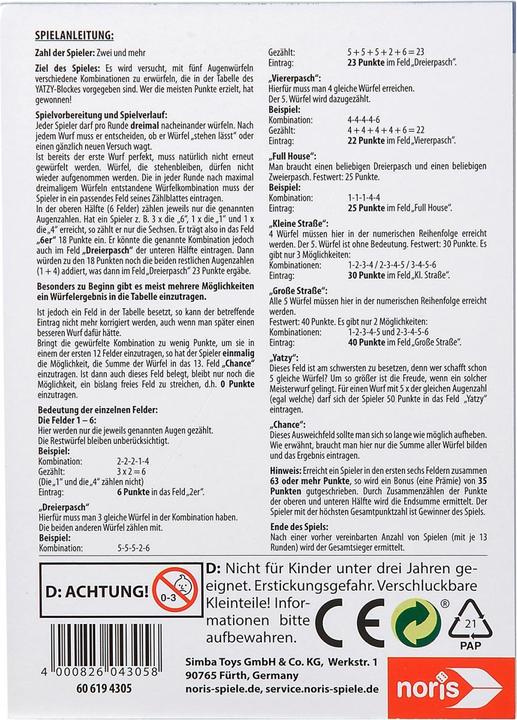 Produktbild Noris Yatzy Spielblock (Deutsch)