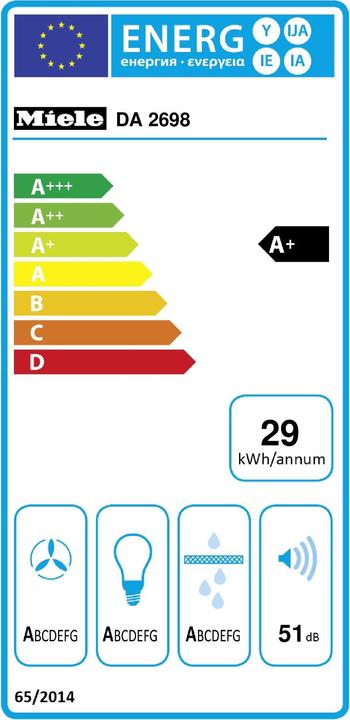 Energie-Label Miele Lüfterbaustein mit energiesparender LED-Beleuchtung und Tipptasten für komfortable Bedienung. (Unterbauhaube)