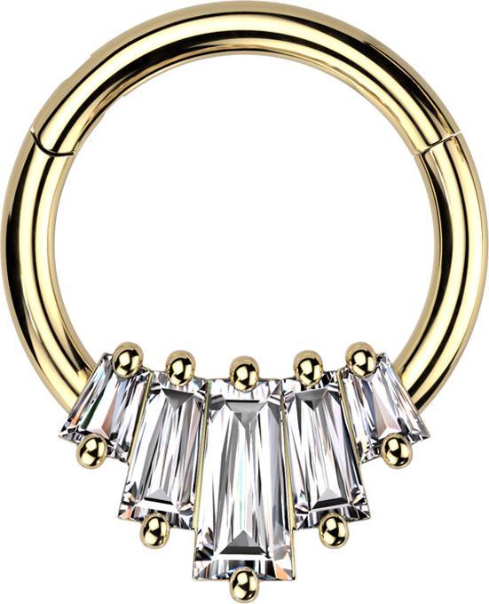 Produktbild Star Piercing Micro Segmentring klappbar vergoldet fünf Kristalle Baguette (Messing, Chirurgenstahl 316L)
