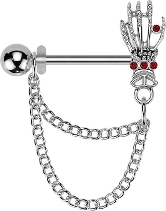 Actual product image Star Piercing Barbell silber mit Kugel und Skeletthand Kristalle rot Anhänger zwei Ketten rechts (Surgical steel 316L, Brass)