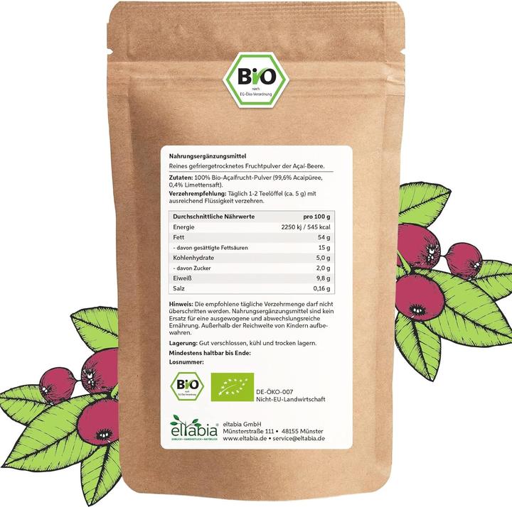 Immagine prodotto Eltabia Polvere di acai biologica in qualità di cibo crudo liofilizzato e puro al 100% senza additivi e (Polvere, 100 g)