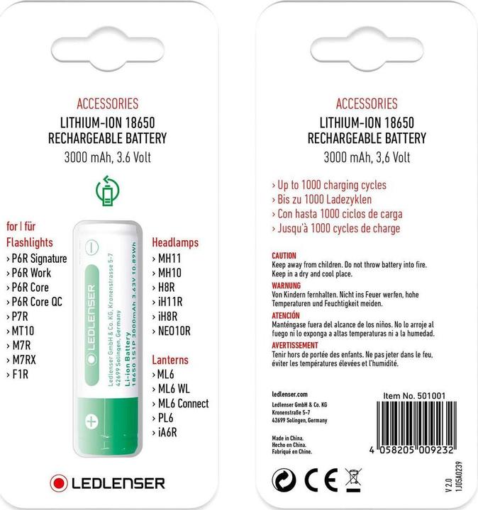 Valeurs nutritives et ingrédients Ledlenser Batterie Li-Ion 3,6 V / 3000 mAh