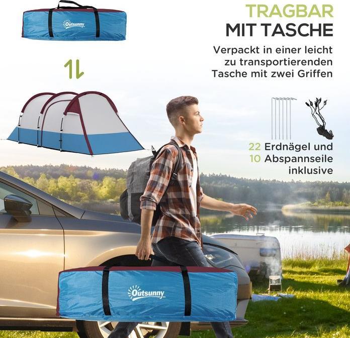 Produktbild Swisshandel24 Campingzelt, Tunnelzelt für 3 Personen, mit Lichthaken, Vorzelt für Garten, rot (Tunnelzelt, 3 Personen)