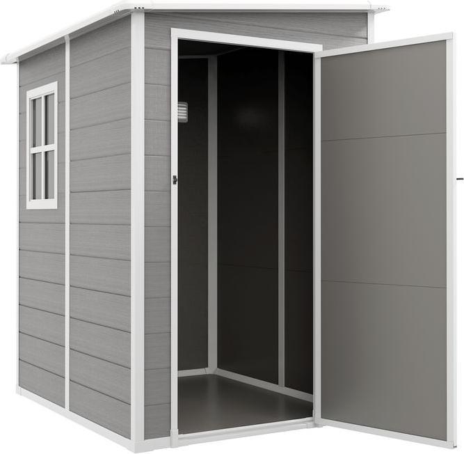 Image du produit Swisshandel24 Gerätehaus 1,54m³, Pultdach, 122x149x192/177 cm, Abschliessbar, Fenster, Alu, Grau