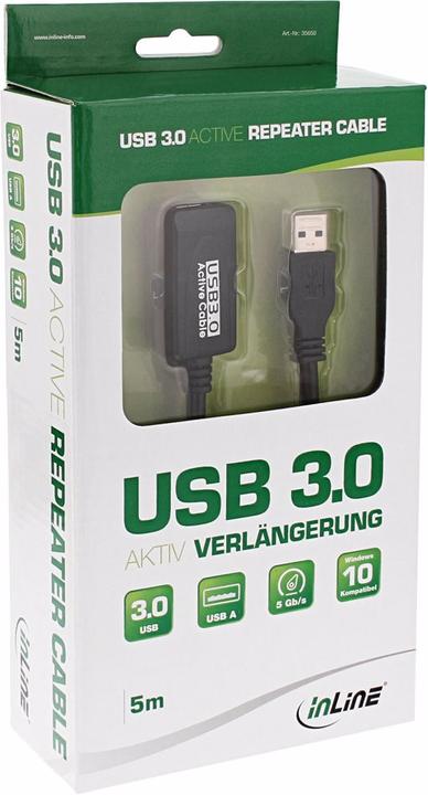 Produktbild InLine USB 3.0 Aktiv-Verlaengerung Stecker A an Buchse A schwarz 5m (5 m, USB 3.2 Gen 1)