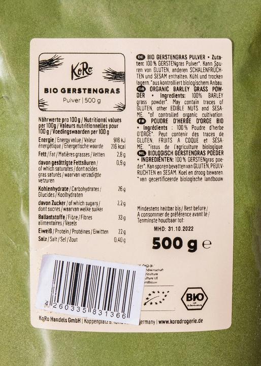 Valori nutrizionali e ingredienti KoRo Erba d'orzo biologica in polvere (500g) (1 Pezzo/i, Polvere, 500 g)