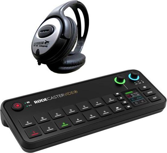 RØDE Rodecaster video production console with headphones
