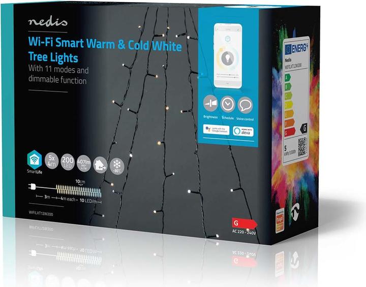Nedis SmartLife Decorative LED | Wi-Fi | Warm to Cool White | 200 LED's | 5 x 4 m | Android™ / IOS (White, Warm white, 2000 cm, Indoor, Outdoor)