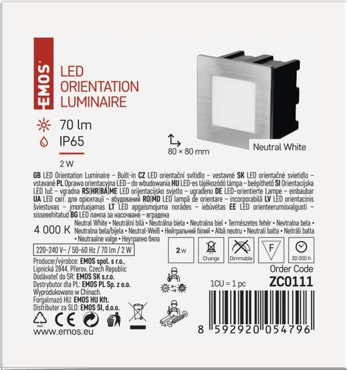 Image du produit Emos Luminaire LED pour escalier - encastré 80×80 1,5W neut. blanc IP65 (65 lm)