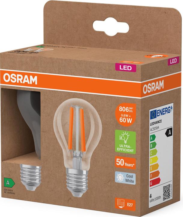 Produktbild Osram LED LAMPS ENERGY CLASS A ENERGY EFFICIENCY FILAMENT CLASSIC A 3.8W 840 Clear E27 (E27, 3.80 W, 806 lm, 6 x, A)