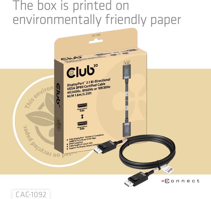 Image du produit Club 3D Club3D Câble DisplayPort 2.1 DP80 1,6m 10K/8K/4K St/St retail (1.60 m, DisplayPort)