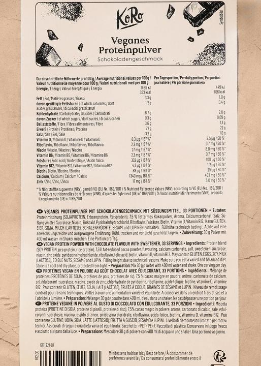 Valeurs nutritives et ingrédients KoRo Poudre de protéine végétalienne (Chocolat, 1 pcs, 1000 g)