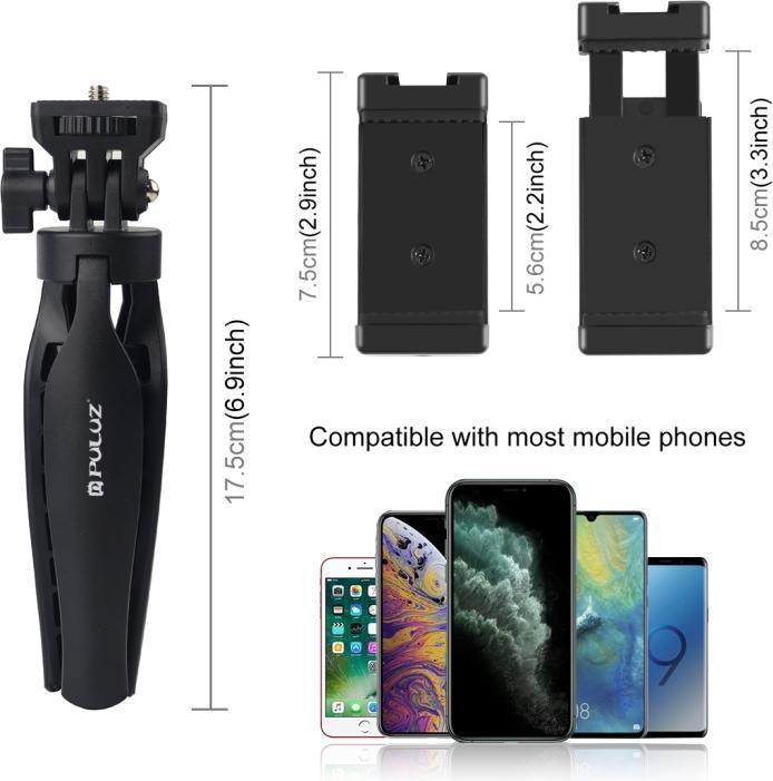 Actual product image Puluz Desk Plastic Tripod Mount with Phone Clamp & Adjusting Tripod Head for Smartphones (Black) (Plastic)