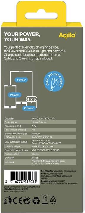 Productafbeelding Aqiila Powerbird B10B - Powerbank 10000 mAh, 20W - Mos (10000 mAh, 20 W, 37 Wh)