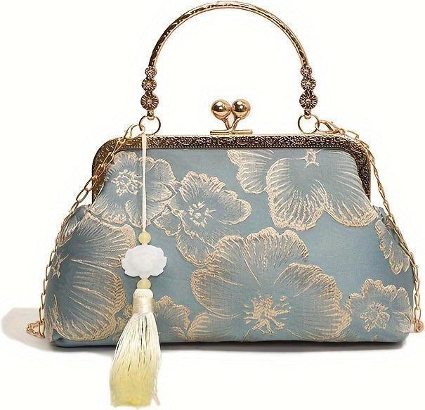 Only-Bags.Store Blumenmuster Abendtasche mit Schnallenverschluss - Stoff Schulterkette Geldbörse für besondere