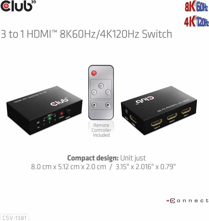 Produktbild Club 3D Club3D HDMI Switchbox 3 Eingänge -> 1 Ausgang 8K60Hz UHD retail
