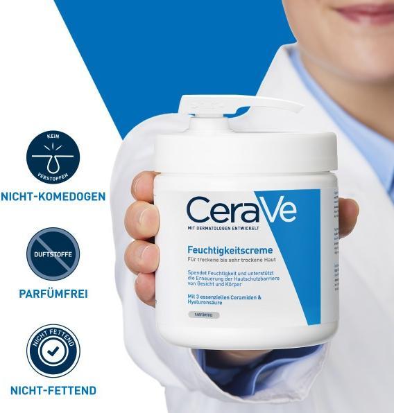 Produktbild CeraVe Feuchtigkeitscreme: Reichhaltige Creme für trockene bis sehr trockene Haut für Gesicht und Körper (Körpercreme, 454 ml)