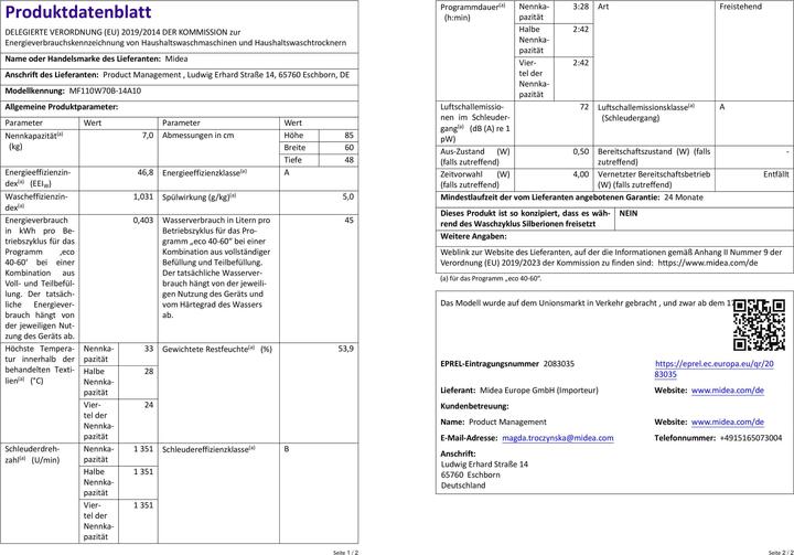Produktbild Midea MF110W70B-14A10 Frontlader Waschmaschine, 7kg, 1400 U/min (7 kg, Links)