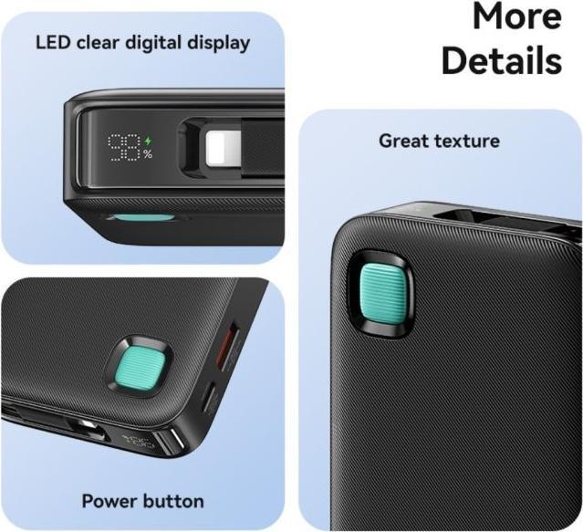 Produktbild Usams Powerbank ze zwijanym kablem USB-C Retractable 10000 mAh PD 20W Fast Charge XY Series czarny/b (10000 mAh, 50 W, 50 Wh)