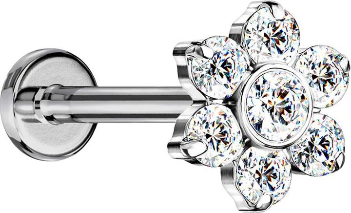 Star Piercing Micro Threadless Labret silber Blume Kristalle silber (ohne Messing, Titan G23)