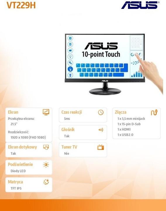 Produktbild ASUS Touch LCD VT229H 21,5", Touchscreen, IPS, FHD, 1920 x 1080 Pixel, 5 ms, 250 cd (1920 x 1080 Pixel, 21.50")