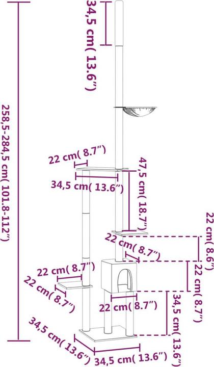 Produktbild VidaXL Kratzbaum Deckenhoch Creme 258,5-284,5cm Katzenbaum Katzenkratzbaum (284.50 cm, Creme)