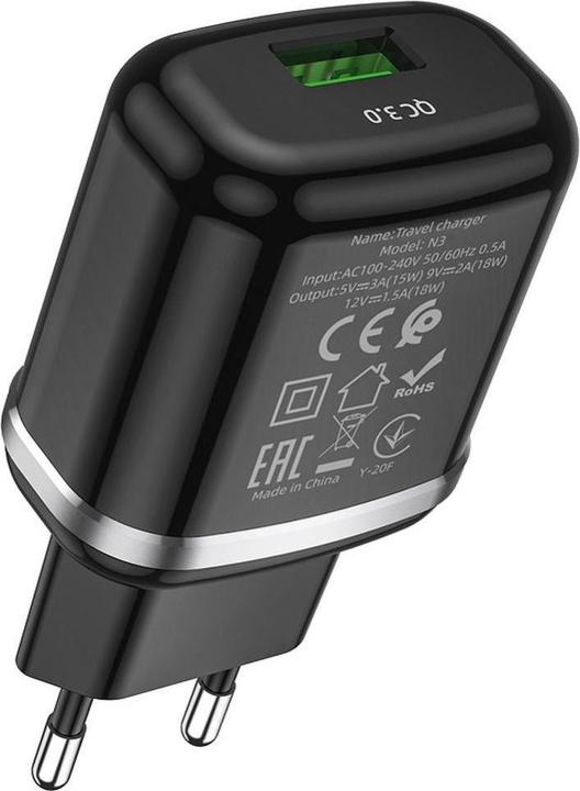 Actual product image Hoco N3, 18W, 3A, 1 x USB-A, black (18 W)