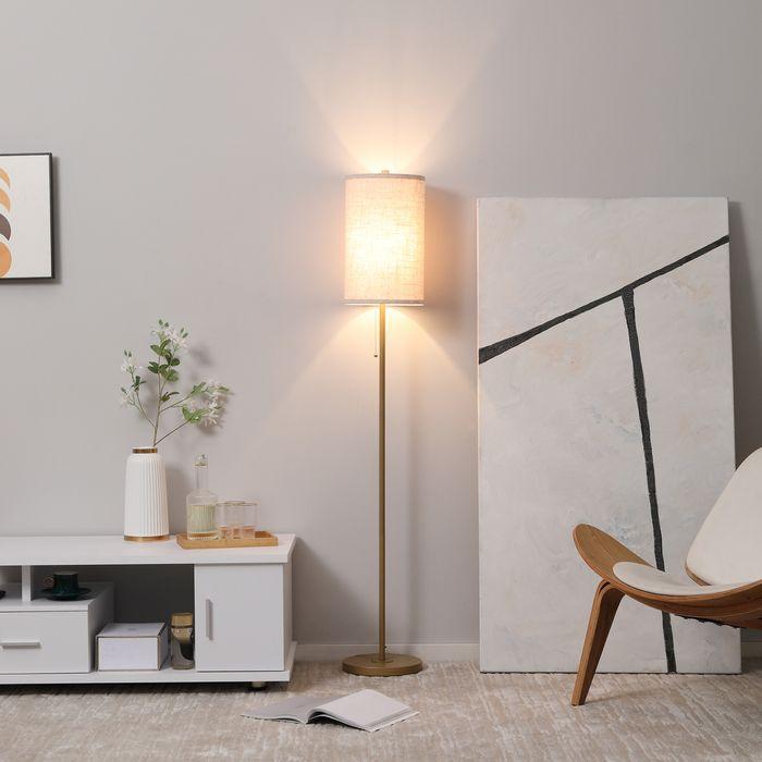 Actual product image Swisshandel24 Stehlampe Wohnzimmer Stehleuchte mit Leinen Lampenschirm, Zugkettenschalter (E27)