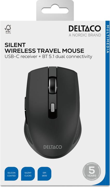 Actual product image Deltaco Silent Wireless USB-C Travel Mouse with USB-C Rece - Mus - 6 scarce - Sort (Wireless)