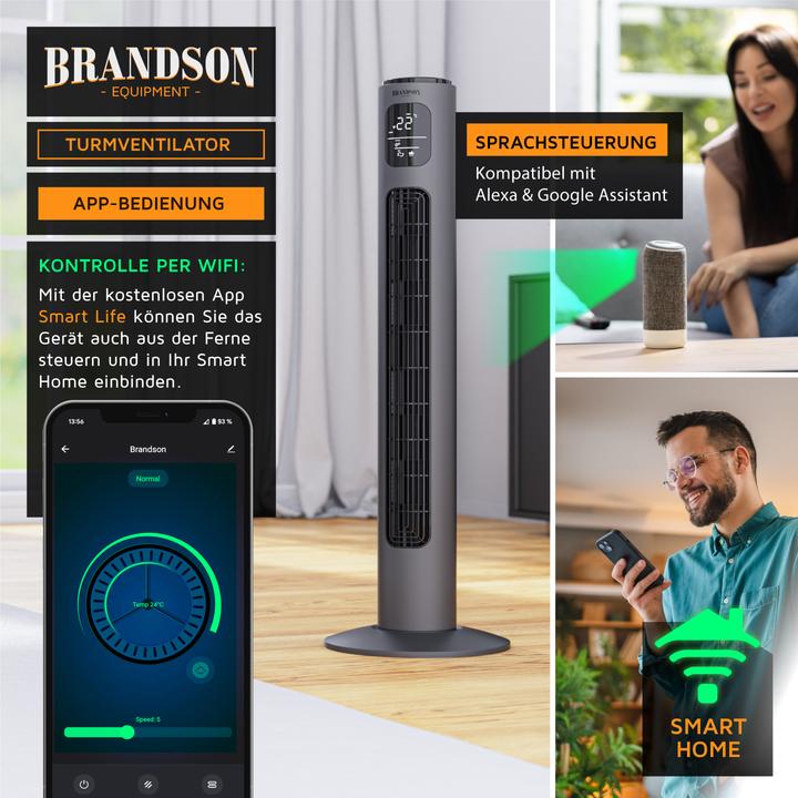 Actual product image Brandson Turmventilator WiFi, Eco DC-Motor 35W, App-Steuerung/Sprachbefehl, Timer, Oszillation, leiser Lüfter (52 dB)