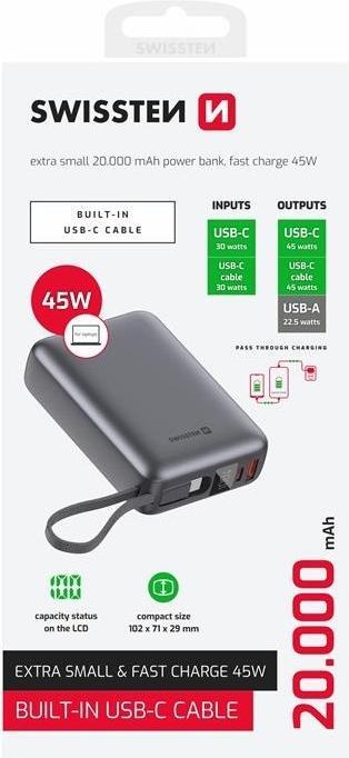 Produktbild Swissten Power Bank 20000 Mah 45w with Built-In Cable USB-C Space Silver (20000 mAh, 45 W, 45 Wh)