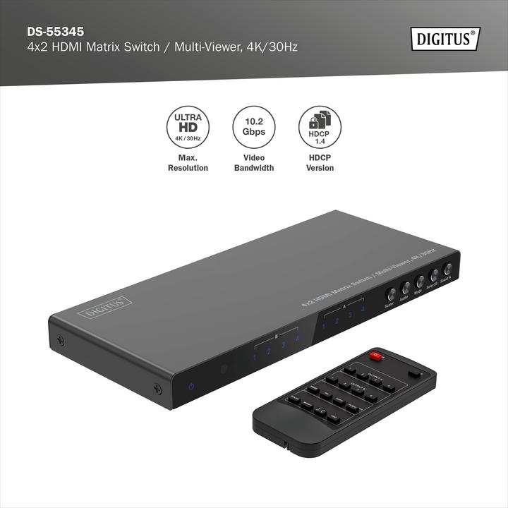 Produktbild Digitus 4x2 HDMI Matrix Switch / Multi-Viewer, 4K/30Hz