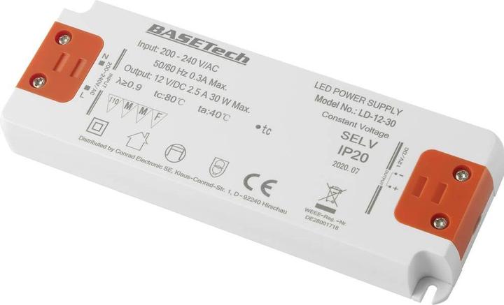 Image du produit Basetech LD-12-30 Transformateur LED à tension constante 30 W 2.5 A Homologation pour meuble, surtension