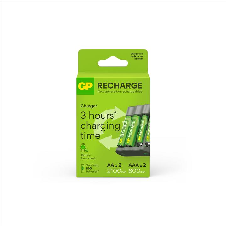 Productafbeelding GP Batteries GP Oplaadbare Batterijlader, B441 (USB), incl. 2 x AA 2100 mAh + 2 x AAA 800 mAh Batterijen (4 Pcs., AA, AAA, 2100 mAh, Oplaadbare batterijen + lader)