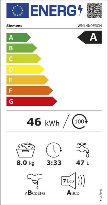 Label énergétique Siemens WQ33G2V3CH 8kg & WM14N0E3CH 8kg Waschturm (8 kg, Droite)