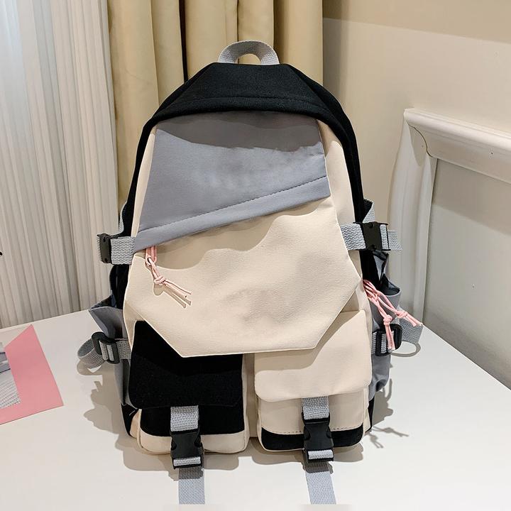 Actual product image Only-Bags.Store Aesthetic colour contrast travel backpack, large capacity flap school bag, style bookbag for