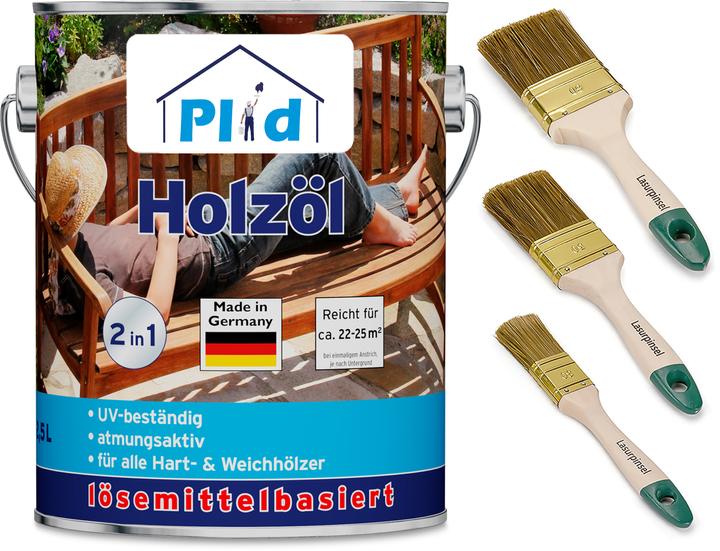 Produktbild Plid Holzöl 2,5L für ca. 25m² + Pinselset 3-tlg / Holz Pflegeöl Gartenmöbel (Farblos, 2.50 l)