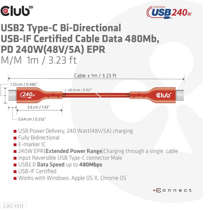 Actual product image Club 3D Club3D Cable USB 2 Type C PD 240W / 480Mb 4m St/St retail (4 m, USB 2.0)