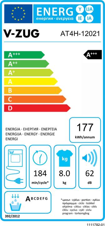 Etichetta energetica V-Zug AdorinaDrying V400 1202100000 (8 kg, A sinistra)