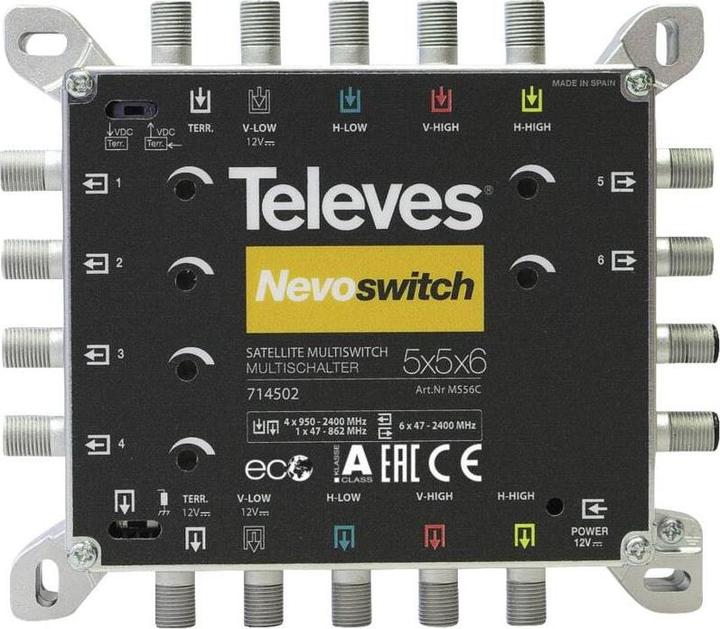 Actual product image Televes Cascadable multiswitch with 5 inputs (1 x terrestrial and 4 xSAT), 6 subscriber outputs, 5 Du (Multi switch)