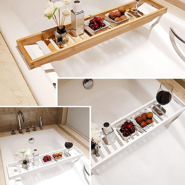 Produktbild König Design 70cm Badewannenablage aus Bambus Badewannenbrett Regal rutschfeste Oberfläche